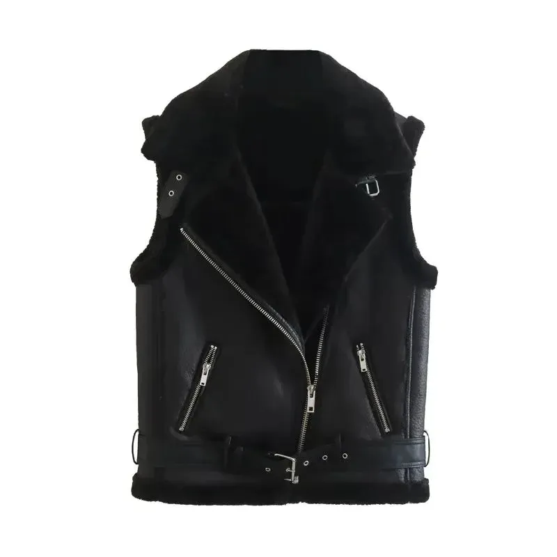 TRAF 2023 Woman Winter Vest Coat, Cotton Imitation Leather Vests, Sleeveless Jacket, Windproof Casual Warm Trench Coats, Winter Fashion, Women's Outerwear