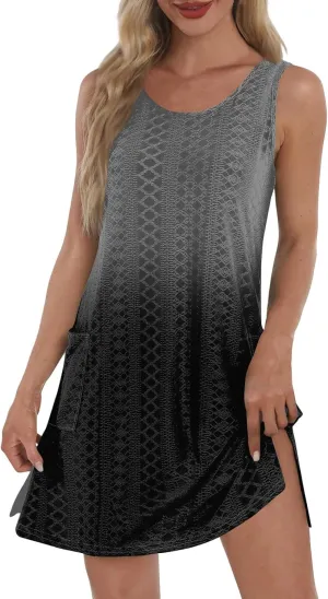Women's Casual Dress Crew Neck Sleeveless Gradient Loose Pocket Summer Dresses 2025 Mini Short Dresses, S-3XL