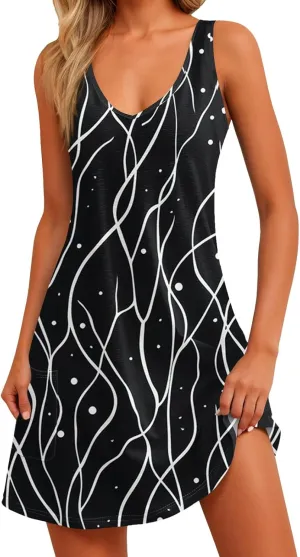 Women's Sun Dresses Summer Casual V Neck Sundresses Boho Tank Dress Beach Vacation Clothes with Pockets