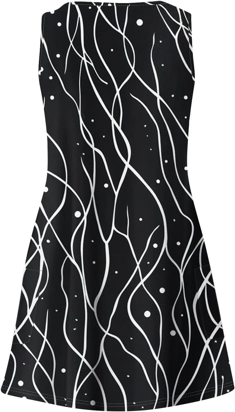 Women's Sun Dresses Summer Casual V Neck Sundresses Boho Tank Dress Beach Vacation Clothes with Pockets